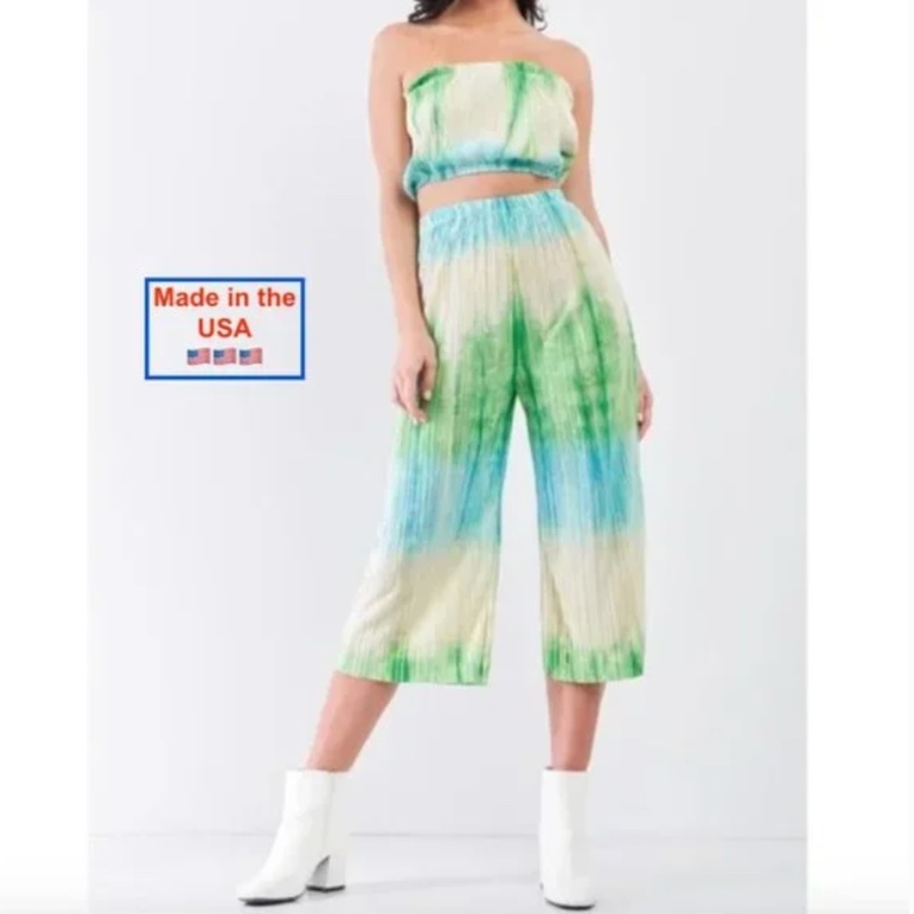 Tie Dye Top and Pants Set Green Blue Strapless High Waist wide Leg  NWT size S